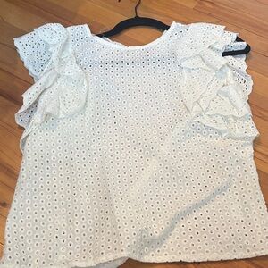 Elegant White Eyelet Blouse with Ruffle Sleeves